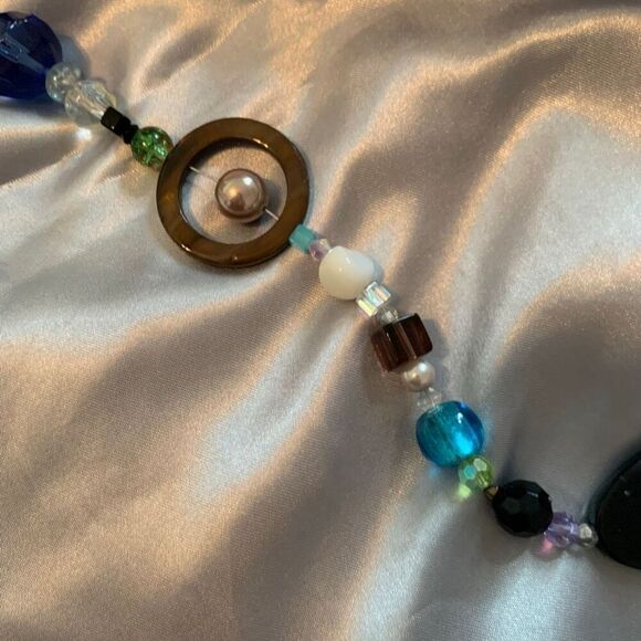 Colorful Long Beaded Statement Necklace Geometric Shapes Boho Retro Style Blue, - Picture 4 of 11